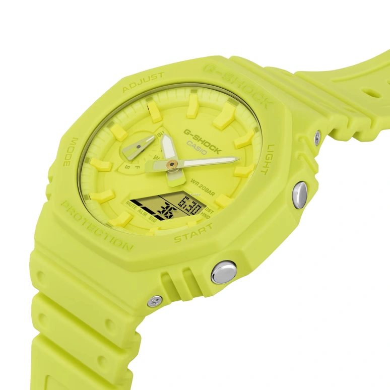 卡西欧,G-SHOCK 48.50x45.40毫米,48.50x45.40毫米,碳纤维,生物基,合成树脂,黄色,石英,倒计时,计时,月历,星期历,矿物水晶,圆形,GA2100,GA2100-9A9