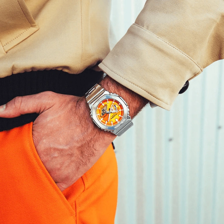 卡西欧,G-SHOCK 44.40毫米,44.40毫米,不锈钢,橘色,石英,倒计时,计时,月历,星期历,矿物水晶,八角形,GM2110D,GM2110D-4A