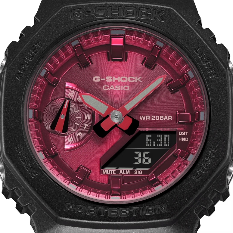 卡西欧,G-SHOCK 46.20x42.90毫米,46.20x42.90毫米,合成树脂,碳纤维,酒红色,石英,倒计时,计时,月历,星期历,矿物水晶,圆形,GMAS2100RB1A