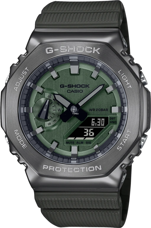 卡西欧,G-SHOCK 49.30x44.40毫米,49.30x44.40毫米,合成树脂,精钢,绿色,石英,倒计时,计时,月历,星期历,矿物水晶,圆形,GM2100B,GM2100B-3A