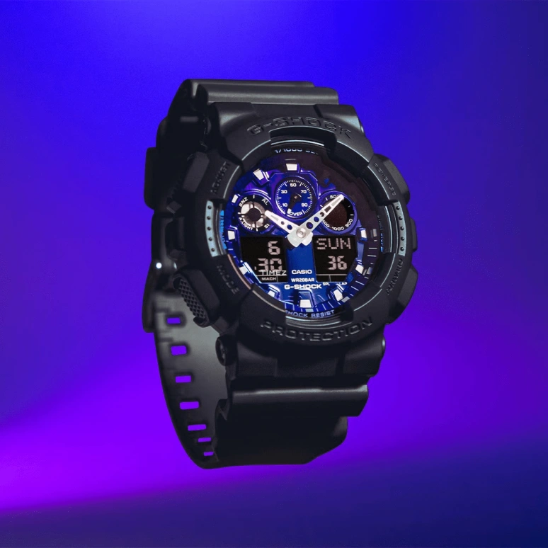 卡西欧,G-SHOCK 51.20毫米,51.20毫米,合成树脂,蓝色,石英,倒计时,计时,月历,星期历,矿物水晶,圆形,GA100FL,GA100FL-1A