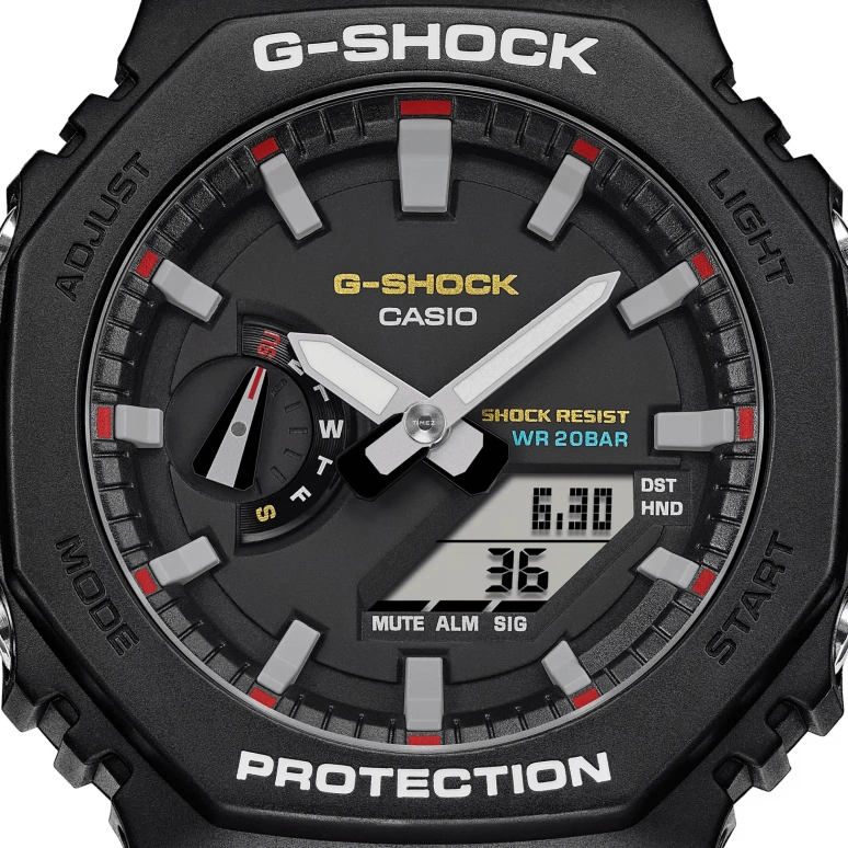 卡西欧,G-SHOCK 45.40毫米,45.40毫米,碳纤维,生物基,合成树脂,黑色,石英,倒计时,计时,月历,星期历,矿物水晶,八角形,GA2100RL,GA2100RL-1A