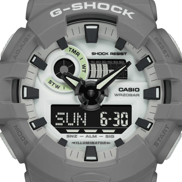 卡西欧,G-SHOCK 53.40毫米,53.40毫米,合成树脂,白色,石英,倒计时,计时,月历,星期历,矿物水晶,圆形,GA700HD,GA700HD-8A