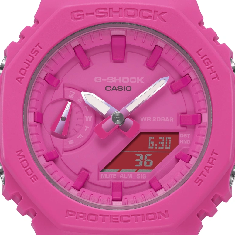 卡西欧,G-SHOCK 46.20x42.90毫米,46.20x42.90毫米,碳纤维,合成树脂,粉红色,石英,倒计时,计时,月历,星期历,矿物水晶,八角形,GMAS2100P,GMAS2100P-4A