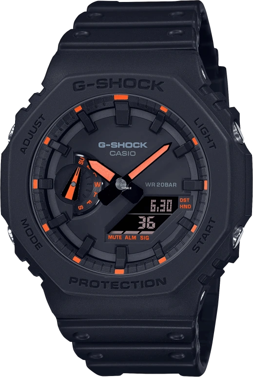 卡西欧,G-SHOCK 45.40毫米,45.40毫米,碳纤维,合成树脂,黑色,石英,倒计时,计时,月历,星期历,矿物水晶,八角形,GA2100,GA2100-1A4