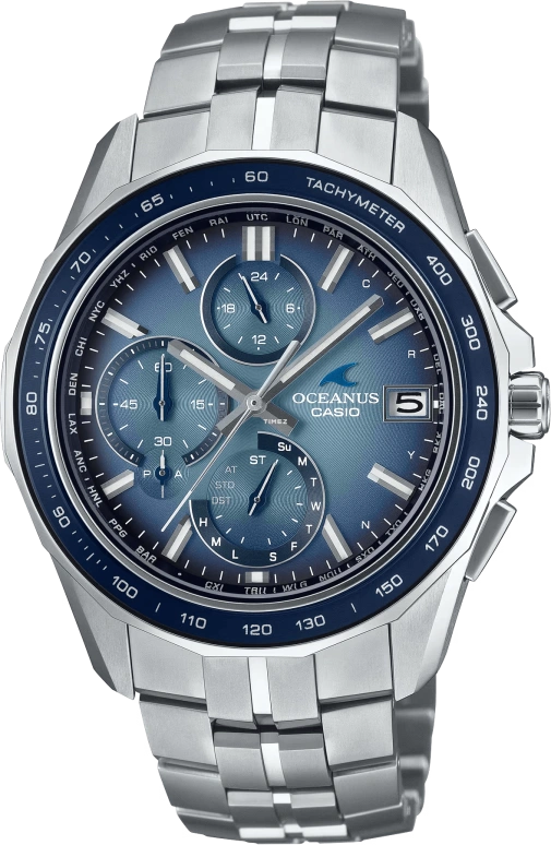 卡西欧,OCEANUS 47.50x42.80毫米,47.50x42.80毫米,钛,蓝宝石,玻璃,蓝色,石英,计时,星期历,日历,世界时,蓝宝石,水晶玻璃,圆形,OCWS7000RA2A