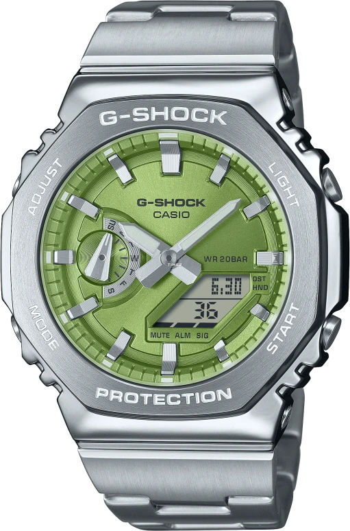 卡西欧,G-SHOCK 44.40毫米,44.40毫米,不锈钢,橄榄绿色,石英,倒计时,计时,月历,星期历,八角形,银色,GM2110D,GM2110D-3A