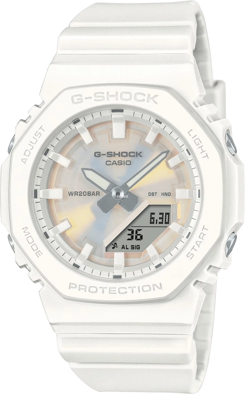 卡西欧,G-SHOCK 46x40.20毫米,46x40.20毫米,生物基,合成树脂,白色,石英,倒计时,计时,月历,星期历,矿物水晶,圆形,GMAP2100PC7A