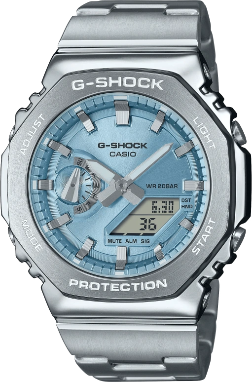 卡西欧,G-SHOCK 44.40毫米,44.40毫米,不锈钢,冰蓝色,石英,倒计时,计时,月历,星期历,蓝宝石,八角形,GM2110D,GM2110D-2A