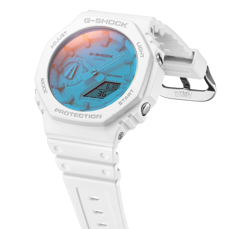 卡西欧,G-SHOCK 45.40毫米,45.40毫米,碳纤维,生物基,合成树脂,白色,蓝色,粉色,石英,倒计时,计时,月历,星期历,矿物水晶,八角形,GA2100TL,GA2100TL-7A