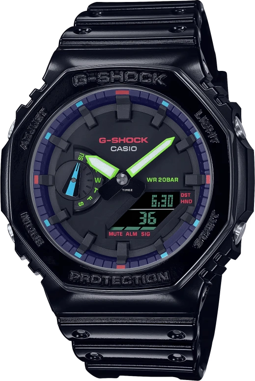 卡西欧,G-SHOCK 48.50x45.40毫米,48.50x45.40毫米,合成树脂,碳纤维,黑色,石英,倒计时,计时,月历,星期历,矿物水晶,圆形,GA2100RGB,GA2100RGB-1A