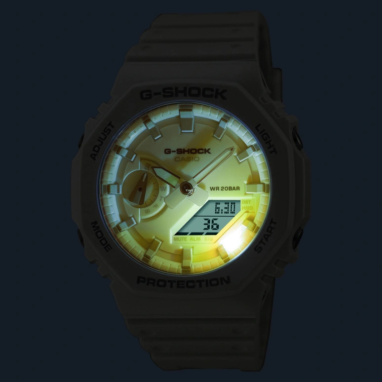 卡西欧,G-SHOCK 45.40毫米,45.40毫米,碳纤维,生物基,合成树脂,白色,蓝色,粉色,石英,倒计时,计时,月历,星期历,矿物水晶,八角形,GA2100TL,GA2100TL-7A
