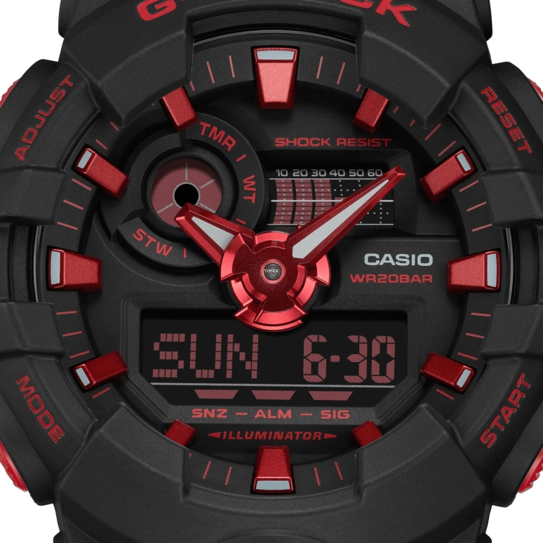 卡西欧,G-SHOCK 53.40毫米,53.40毫米,合成树脂,黑色,红色,石英,倒计时,计时,月历,星期历,矿物水晶,圆形,GA700BNR,GA700BNR-1A
