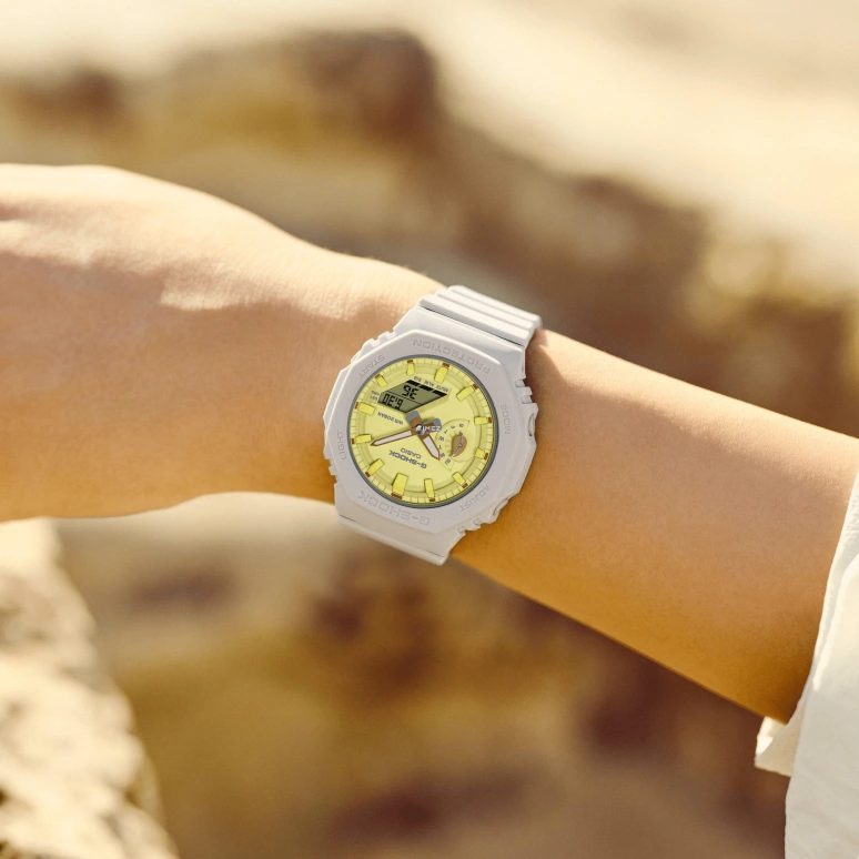 卡西欧,G-SHOCK 46.20x42.90毫米,46.20x42.90毫米,生物基,合成树脂,碳纤维,黄色,石英,倒计时,计时,月历,星期历,矿物水晶,圆形,GMAS2100NC4A