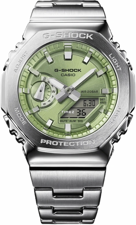 卡西欧,G-SHOCK 44.40毫米,44.40毫米,不锈钢,橄榄绿色,石英,倒计时,计时,月历,星期历,八角形,银色,GM2110D,GM2110D-3A