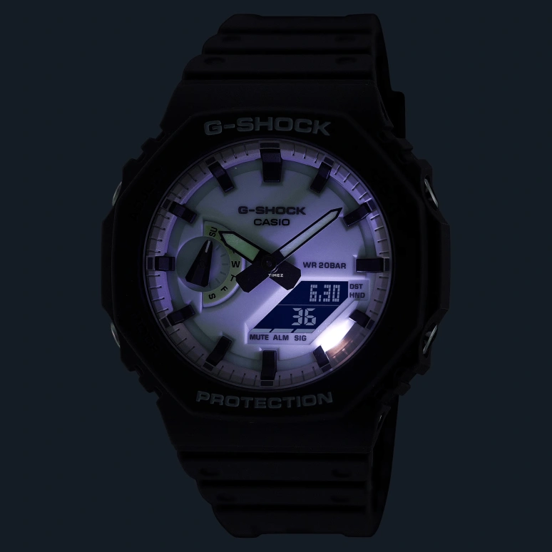 卡西欧,G-SHOCK 48.50x45.40毫米,48.50x45.40毫米,碳纤维,生物基,合成树脂,白色,石英,倒计时,计时,月历,星期历,矿物水晶,八角形,GA2100HD,GA2100HD-8A