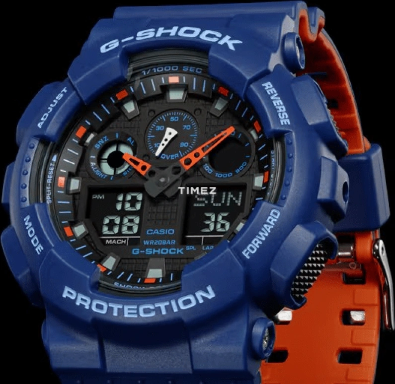 卡西欧,G-SHOCK 51.20毫米,51.20毫米,合成树脂,蓝色,石英,倒计时,计时,月历,星期历,矿物水晶,圆形,GA100L,GA100L-2A