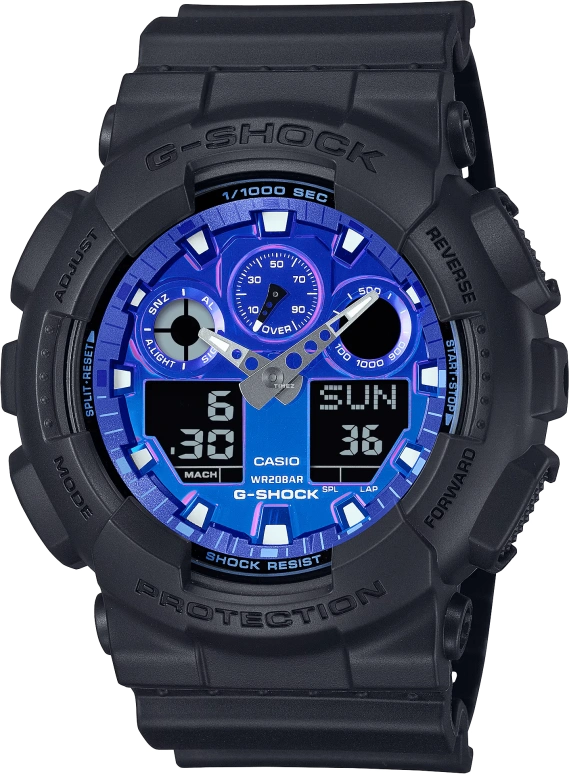 卡西欧,G-SHOCK 51.20毫米,51.20毫米,合成树脂,蓝色,石英,倒计时,计时,月历,星期历,矿物水晶,圆形,GA100FL,GA100FL-1A
