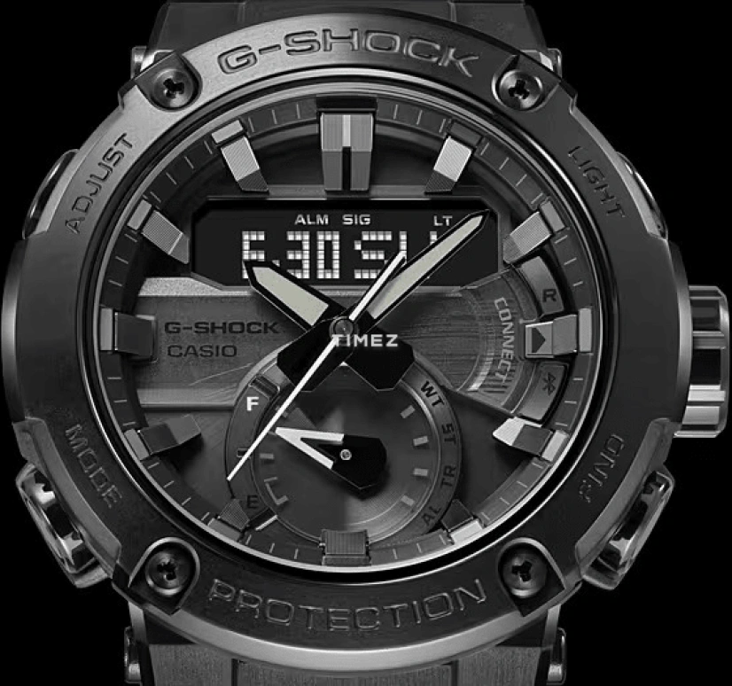 卡西欧,G-STEEL 46.50毫米,46.50毫米,碳纤维,黑色,石英,倒计时,计时,月历,星期历,矿物水晶,圆形,GST,GST-B200TJ-1A