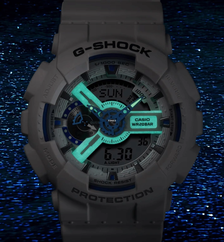 卡西欧,G-SHOCK 55x51.20毫米,55x51.20毫米,合成树脂,白色,石英,倒计时,计时,月历,星期历,矿物水晶,圆形,GA110HDS,GA110HDS-7A