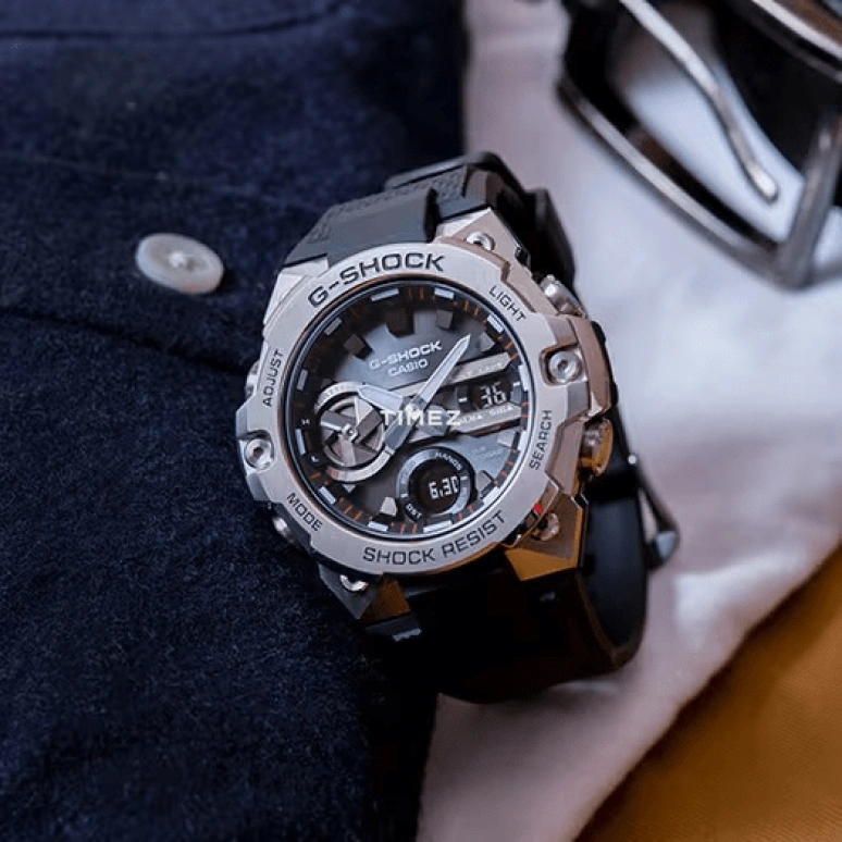 卡西欧,G-STEEL 49.60毫米,49.60毫米,合成树脂,黑色,石英,倒计时,计时,月历,星期历,矿物水晶,圆形,GSTB400,GSTB400-1A