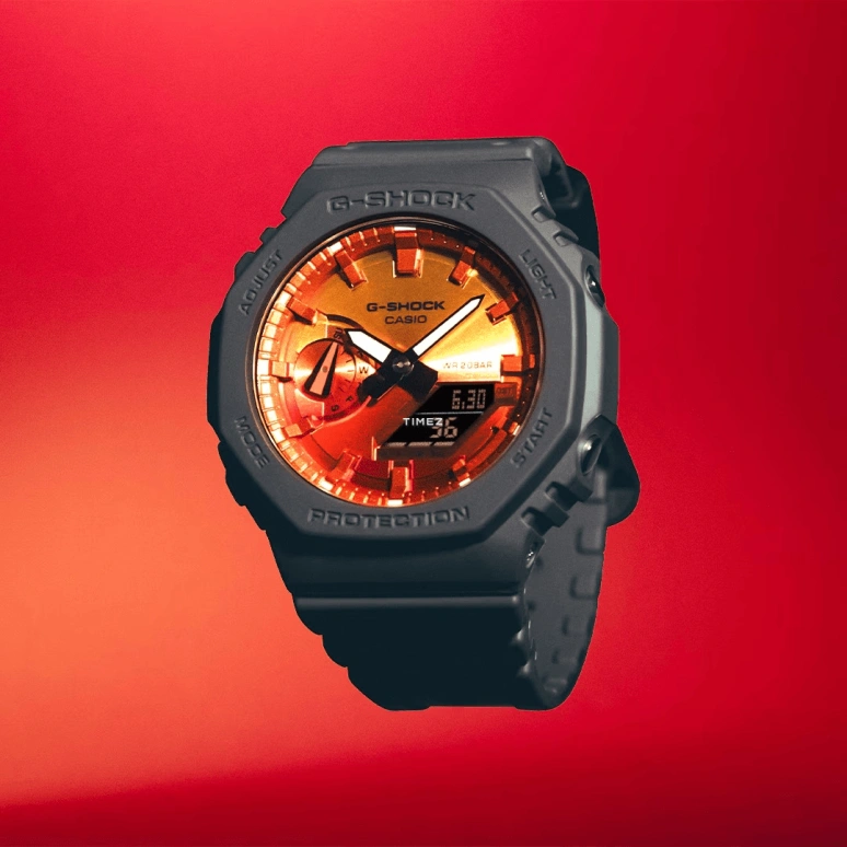 卡西欧,G-SHOCK 45.40毫米,45.40毫米,碳纤维,生物基,合成树脂,双色,炭火红,渐变色,石英,倒计时,计时,月历,星期历,矿物水晶,八角形,GA2100FL,GA2100FL-8A