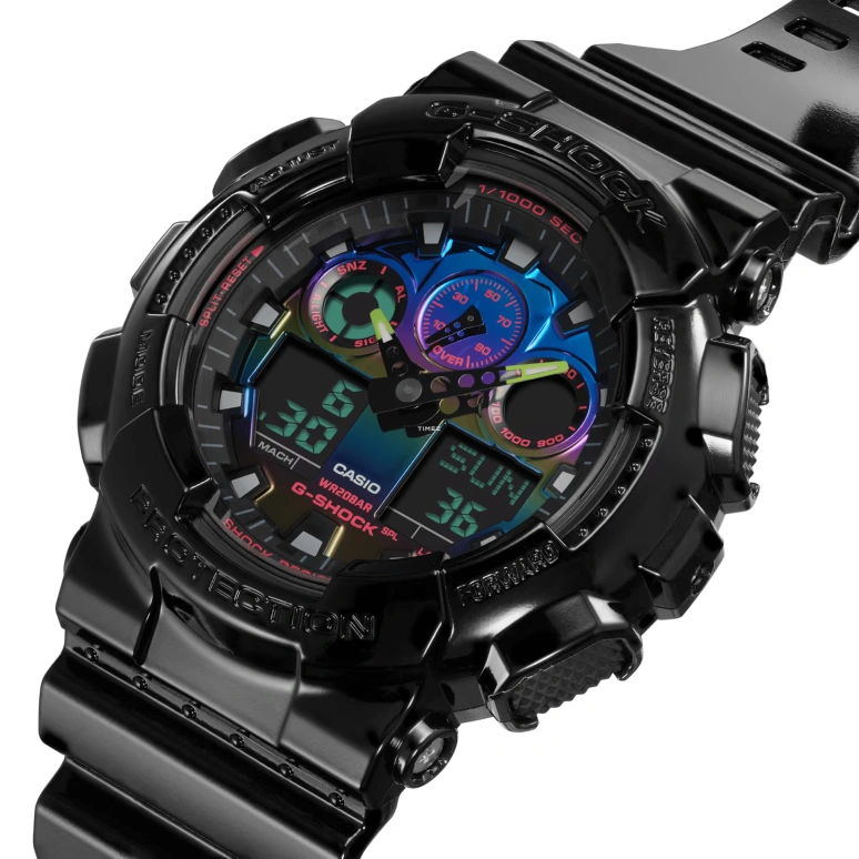 卡西欧,G-SHOCK 55x51.20毫米,55x51.20毫米,合成树脂,多色,石英,倒计时,计时,月历,星期历,矿物水晶,圆形,GA100RGB,GA100RGB-1A