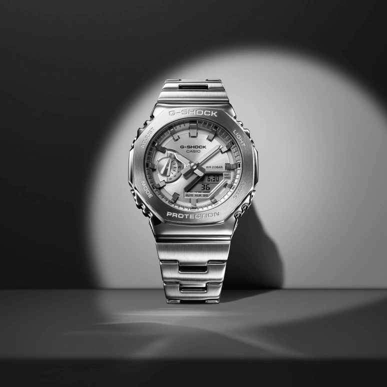 卡西欧,G-SHOCK 44.40毫米,44.40毫米,不锈钢,银色,石英,倒计时,计时,月历,星期历,矿物水晶,八角形,GM2110D,GM2110D-7A
