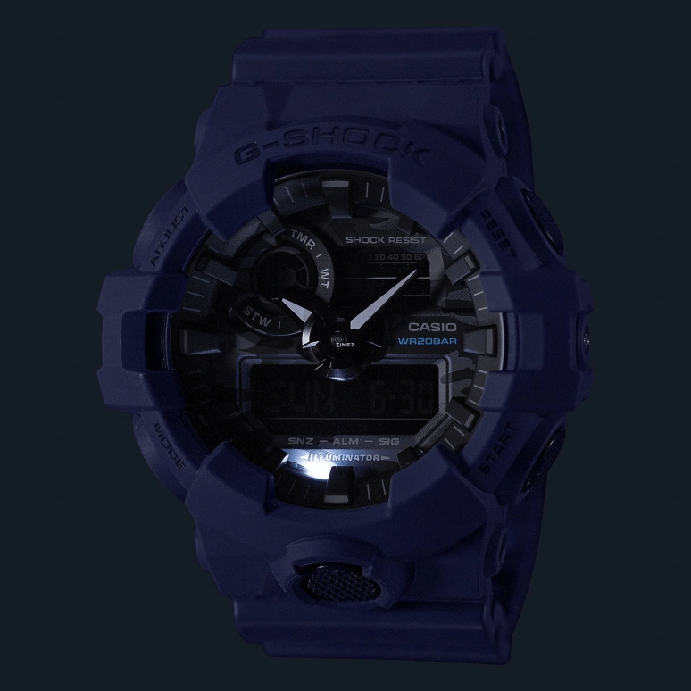 卡西欧,G-SHOCK 57.50x53.40毫米,57.50x53.40毫米,合成树脂,黑色,蓝色,石英,倒计时,计时,月历,星期历,矿物水晶,圆形,GA700CA,GA700CA-2A