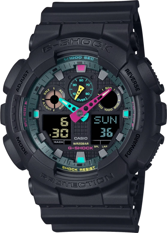 卡西欧,G-SHOCK 51.20毫米,51.20毫米,合成树脂,黑色,石英,倒计时,计时,月历,星期历,矿物水晶,圆形,GA100MF,GA100MF-1A