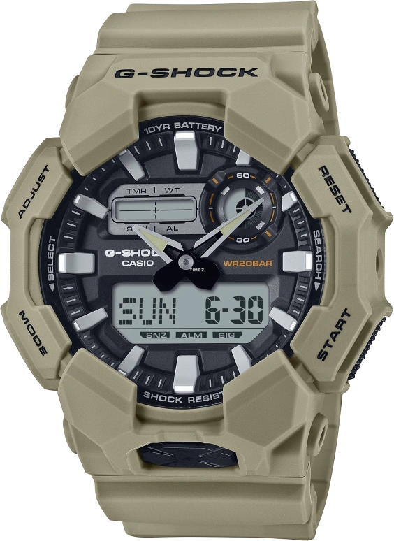 卡西欧,G-SHOCK 51.90毫米,51.90毫米,生物基,碳纤维,合成树脂,黑色,石英,倒计时,计时,月历,星期历,矿物水晶,圆形,GA010,GA010-5A