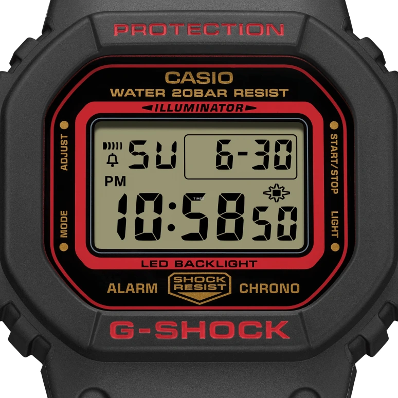 卡西欧,G-SHOCK 48.90x42.80毫米,48.90x42.80毫米,合成树脂,黑色,黄色,红色,石英,倒计时,计时,月历,星期历,矿物水晶,方形,DW5600KH,DW5600KH-1