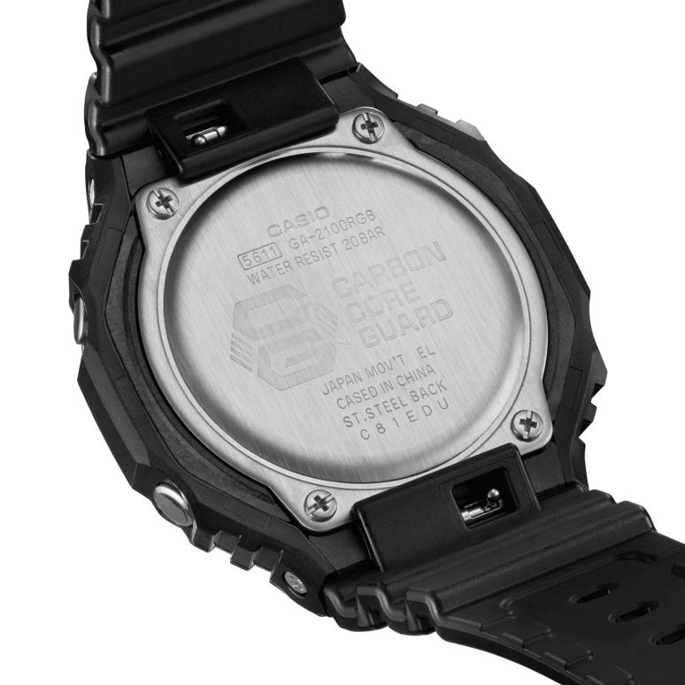 卡西欧,G-SHOCK 48.50x45.40毫米,48.50x45.40毫米,合成树脂,碳纤维,黑色,石英,倒计时,计时,月历,星期历,矿物水晶,圆形,GA2100RGB,GA2100RGB-1A