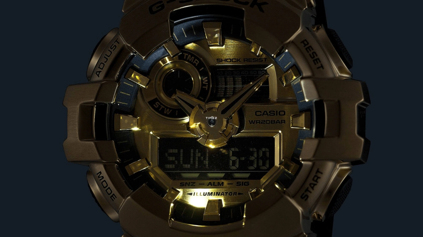 卡西欧,G-STEEL 53.40毫米,53.40毫米,合成树脂,生物基,不锈钢,黄金色,石英,倒计时,计时,月历,星期历,矿物水晶,圆形,GM700G,GM700G-9A
