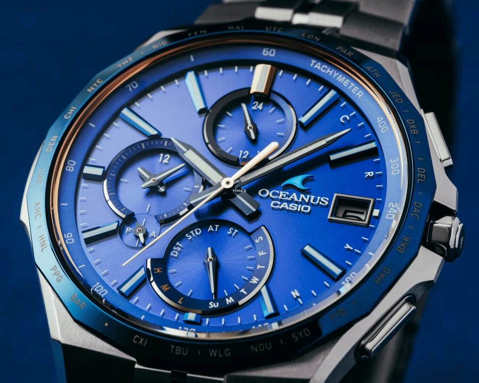卡西欧,OCEANUS 48.80x42.30毫米,48.80x42.30毫米,钛,蓝色,石英,计时,星期历,日历,世界时,蓝宝石,水晶玻璃,圆形,OCWS5000F,OCWS5000F-2A