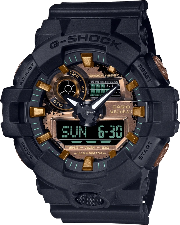 卡西欧,G-SHOCK 57.50x53.40毫米,57.50x53.40毫米,合成树脂,黄金色,石英,倒计时,计时,月历,星期历,矿物水晶,圆形,GA700RC,GA700RC-1A