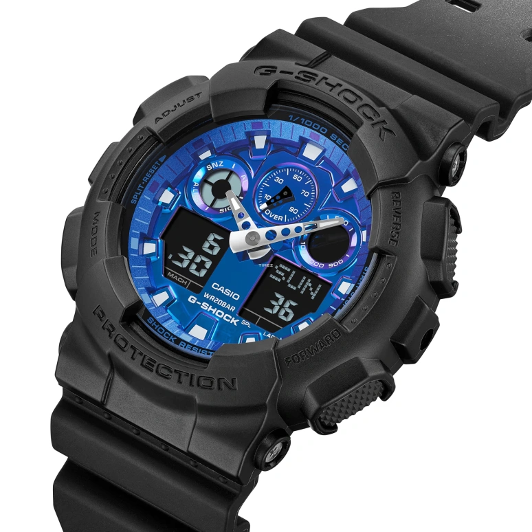 卡西欧,G-SHOCK 51.20毫米,51.20毫米,合成树脂,蓝色,石英,倒计时,计时,月历,星期历,矿物水晶,圆形,GA100FL,GA100FL-1A