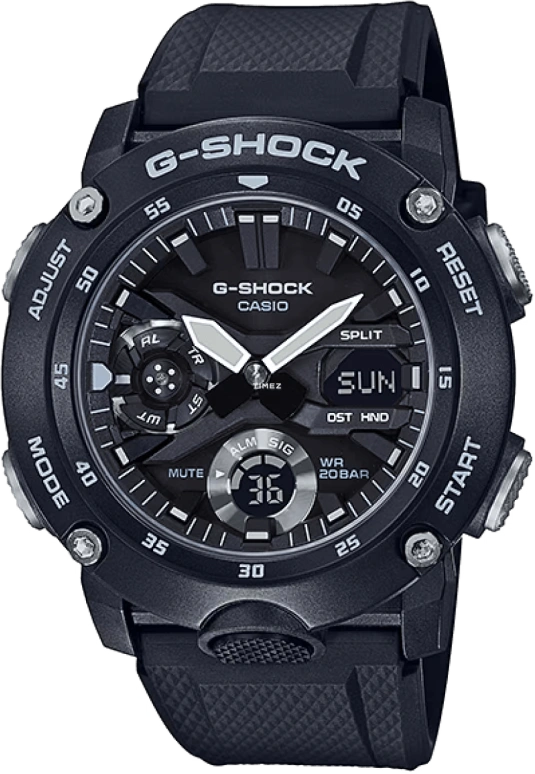 卡西欧,G-SHOCK 51.20x47毫米,51.20x47毫米,合成树脂,碳纤维,黑色,石英,倒计时,计时,月历,星期历,矿物水晶,圆形,GA2000S,GA2000S-1A