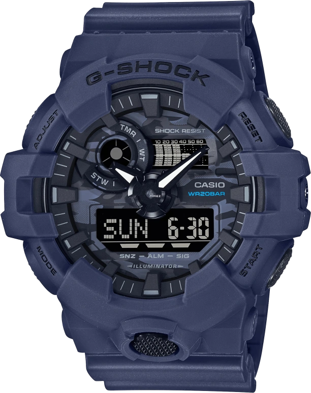 卡西欧,G-SHOCK 57.50x53.40毫米,57.50x53.40毫米,合成树脂,黑色,蓝色,石英,倒计时,计时,月历,星期历,矿物水晶,圆形,GA700CA,GA700CA-2A