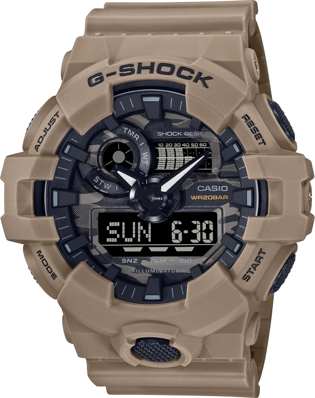 卡西欧,G-SHOCK 57.50x53.40毫米,57.50x53.40毫米,合成树脂,黑色,石英,闪电计时,计时,月历,星期历,矿物水晶,圆形,GA700CA,GA700CA-5A