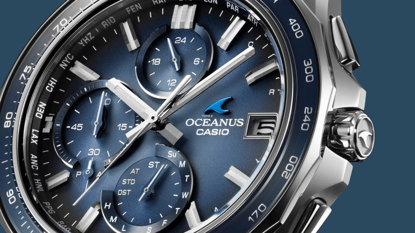 卡西欧,OCEANUS 47.50x42.80毫米,47.50x42.80毫米,钛,蓝宝石,玻璃,蓝色,石英,计时,星期历,日历,世界时,蓝宝石,水晶玻璃,圆形,OCWS7000RA2A