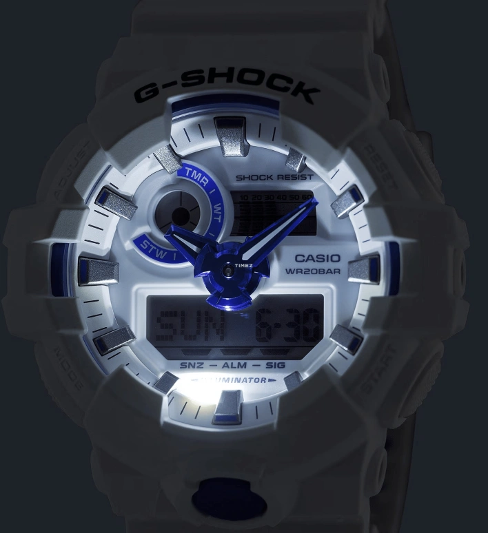 卡西欧,G-SHOCK 57.50x53.40毫米,57.50x53.40毫米,合成树脂,白色,石英,倒计时,计时,月历,星期历,矿物水晶,圆形,GA700HDS,GA700HDS-7A
