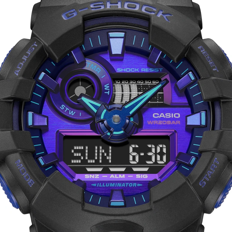 卡西欧,G-SHOCK 53.40毫米,53.40毫米,合成树脂,紫色,石英,倒计时,计时,月历,星期历,矿物水晶,圆形,GA700VB,GA700VB-1A