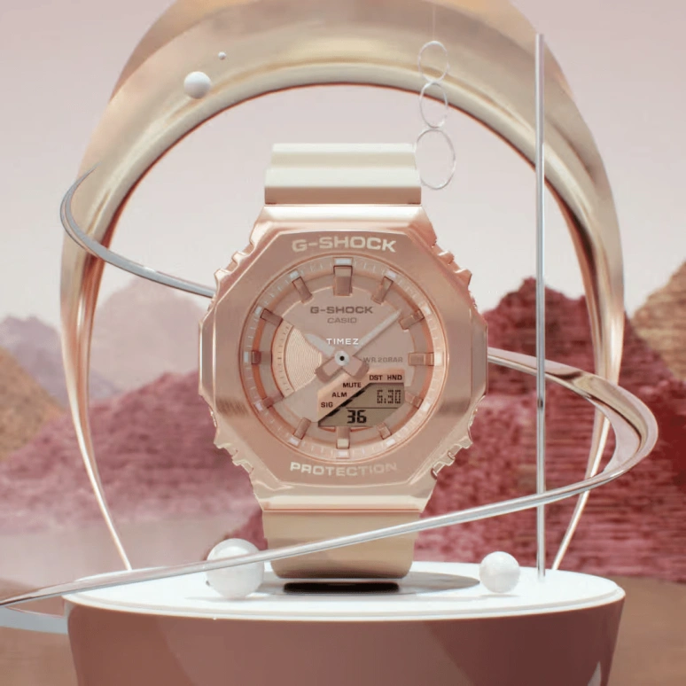 卡西欧,G-SHOCK 40.40毫米,40.40毫米,合成树脂,粉金色,石英,倒计时,计时,月历,星期历,矿物水晶,八角形,GMS2100PG,GMS2100PG-4A