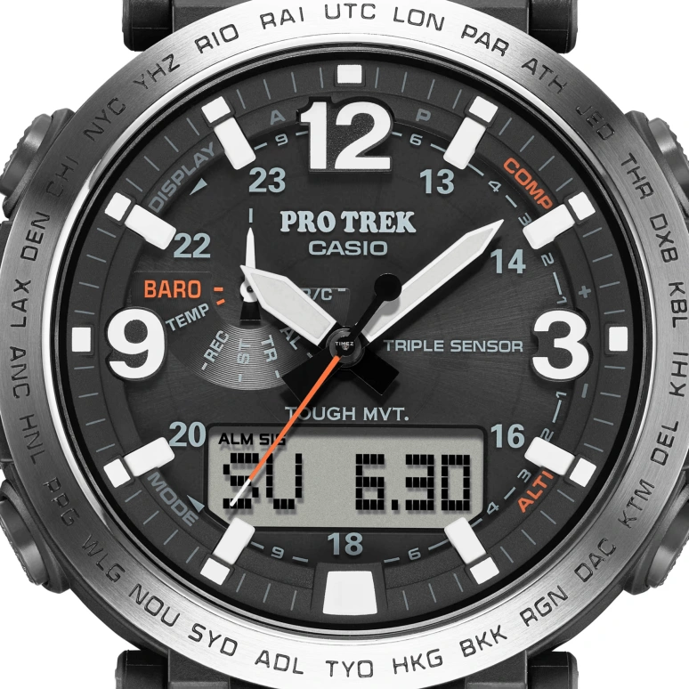 卡西欧,PROTREK 51.60x51.50毫米,51.60x51.50毫米,不锈钢,黑色,石英,倒计时,计时,月历,星期历,矿物水晶,圆形,PRW6611Y,PRW6611Y-1