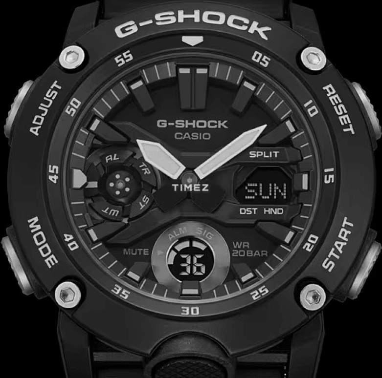 卡西欧,G-SHOCK 51.20x47毫米,51.20x47毫米,合成树脂,碳纤维,黑色,石英,倒计时,计时,月历,星期历,矿物水晶,圆形,GA2000S,GA2000S-1A