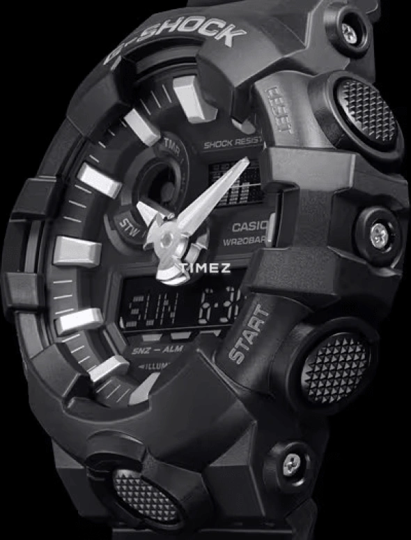 卡西欧,G-SHOCK 53.40毫米,53.40毫米,合成树脂,黑色,石英,倒计时,计时,月历,星期历,矿物水晶,圆形,GA700,GA700-1B