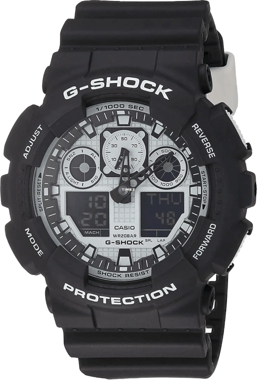 卡西欧,G-SHOCK 51.20毫米,51.20毫米,合成树脂,白色,石英,倒计时,计时,月历,星期历,矿物水晶,圆形,GA100BW,GA100BW-1A