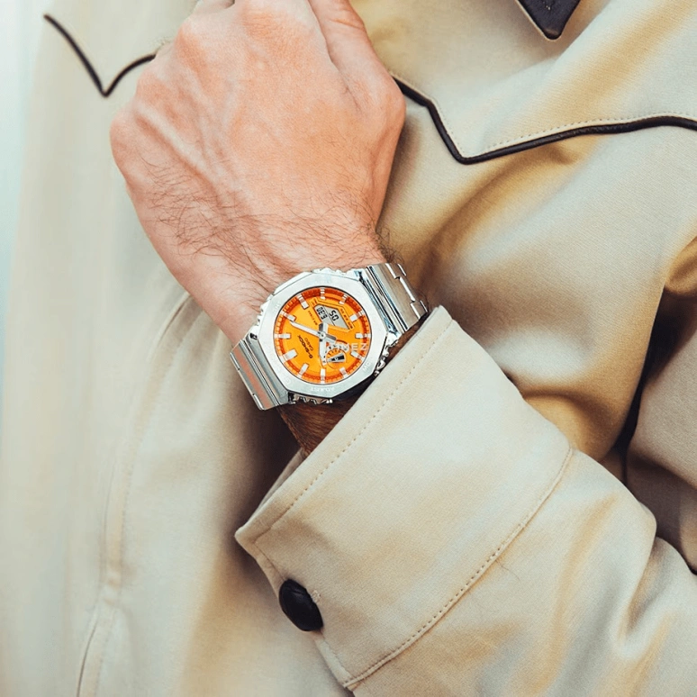 卡西欧,G-SHOCK 44.40毫米,44.40毫米,不锈钢,橘色,石英,倒计时,计时,月历,星期历,矿物水晶,八角形,GM2110D,GM2110D-4A