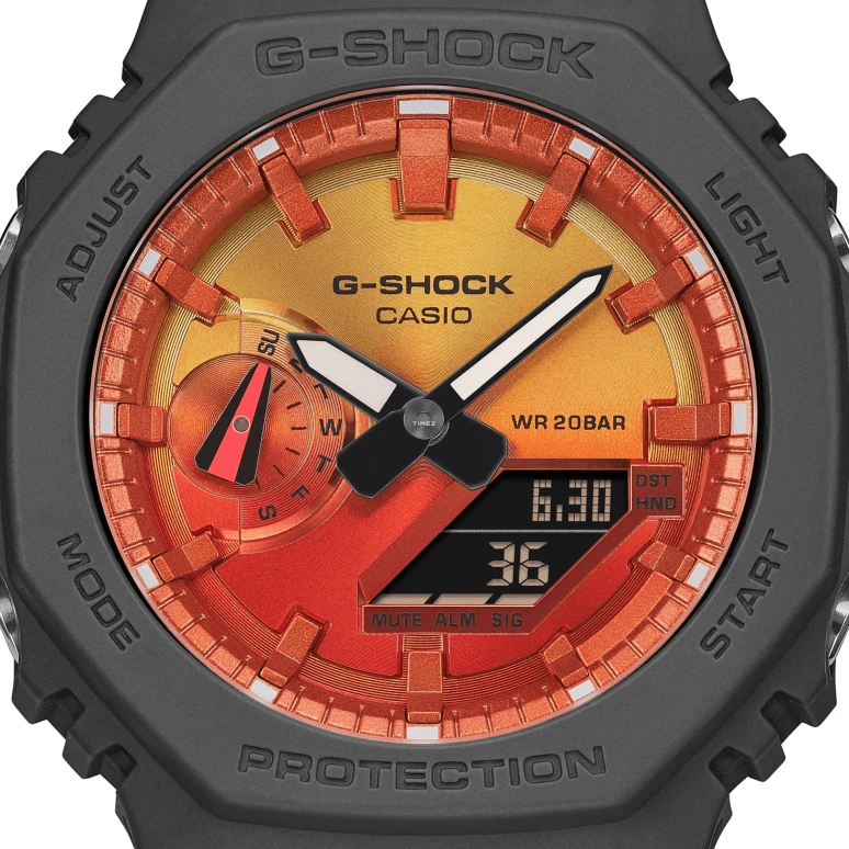 卡西欧,G-SHOCK 45.40毫米,45.40毫米,碳纤维,生物基,合成树脂,双色,炭火红,渐变色,石英,倒计时,计时,月历,星期历,矿物水晶,八角形,GA2100FL,GA2100FL-8A